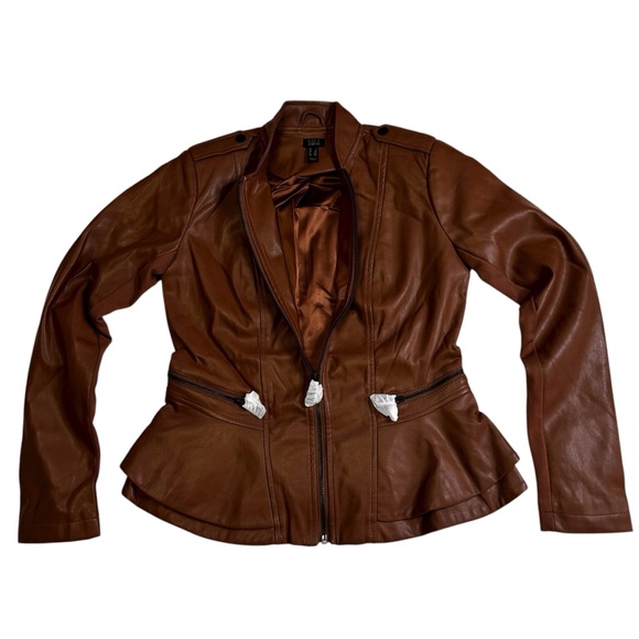 GILI British Tan Leather Peplum Jacket Coat 
Size 2  Zip Front and Sleeves NWT - Picture 15 of 17